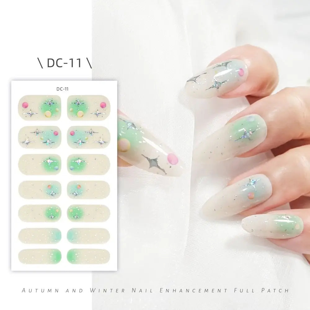 14 Strips Semi Cured Gel Nail Stickers Floristic Full Cover Gel Nail Polish Strips French Nail Art Glittering Nail Art Stickers Zpaxo DC-11