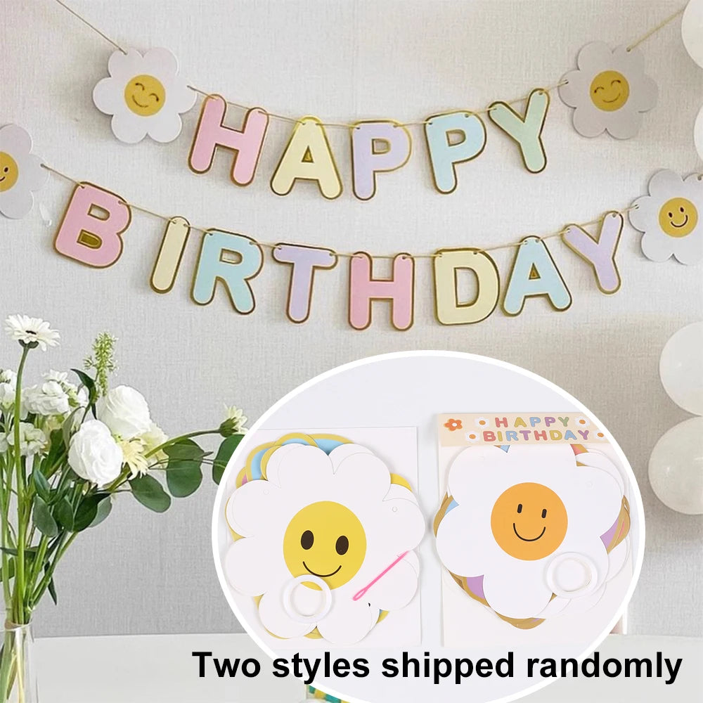 Birthday Hanging Banner Flower Daisy Smiling Face Fairy Princess Castle Banners for Girls Boys Adults Birthday Party Decoration Zpaxo J250774