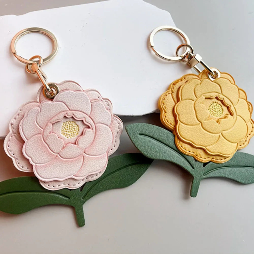 Entrance Guard Card Peony Flower Keychain Keyring Protective Case Peach Blossom Access Card Holder PU Leather Creative Zpaxo