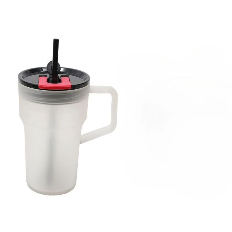 680ML Student Summer Frosted Tea Cup, Korean Style Large Capacity Handle Plastic Double Drinking Straw Cup, Ice King Water Cup Zpaxo Black