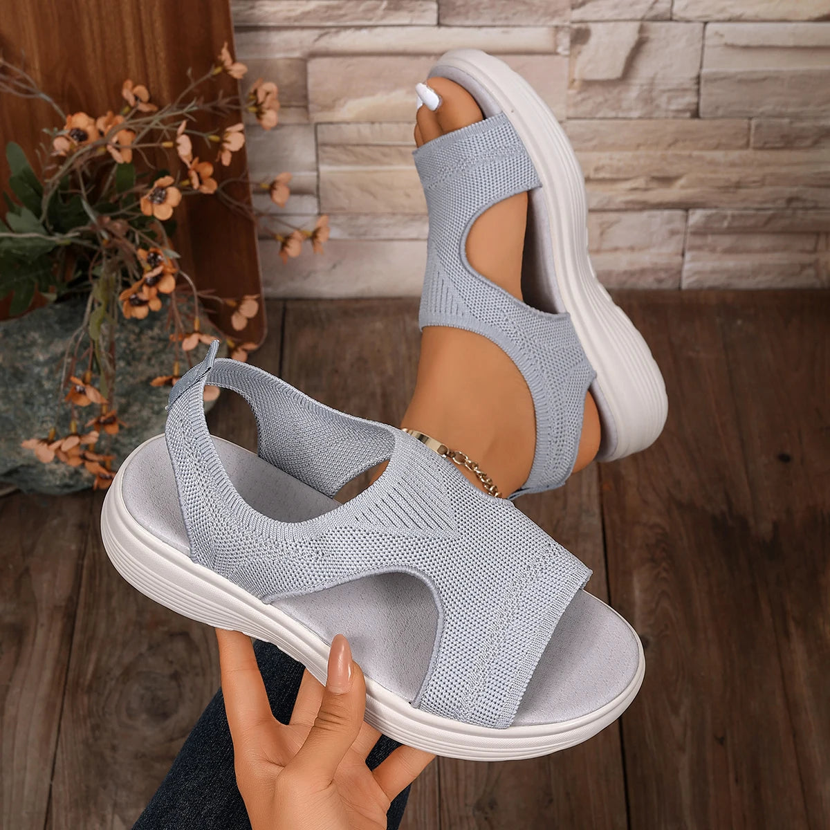 Women Sandals Low Heel with Durable Rubber Sole Shoes for Women Comfortable Slip-On Sandals Breathable Knit Open Toe Shoes Zpaxo GRAY 40