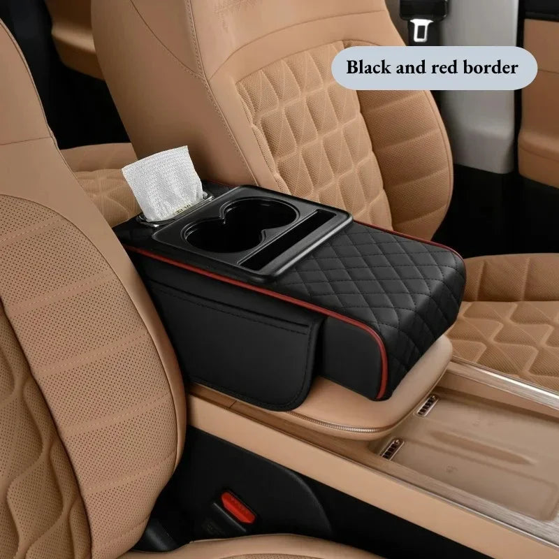 Auto Center Console Armrest Cushion 2 Cup Holders Heightening Pad Zpaxo Black and Red