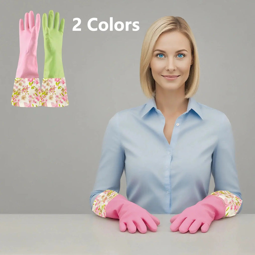 Dishwashing Gloves, Household Kitchen Rubber Cleaning Gloves 2 Pair Large (Pink+Green) Zpaxo