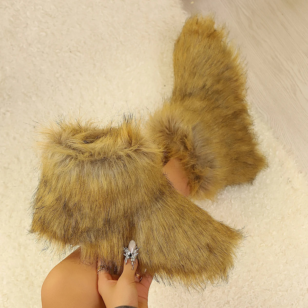 Women Fur Boots 2025 New Platform Ankle Boots Thickened Fluff Warm Comfortable Shoes Women Luxury Fluffy Furry Snow Boots Woman Zpaxo khaki 41