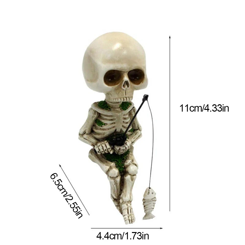 Resin Cute Skull Fisher Sculpture Halloween Decor Mini Figurines