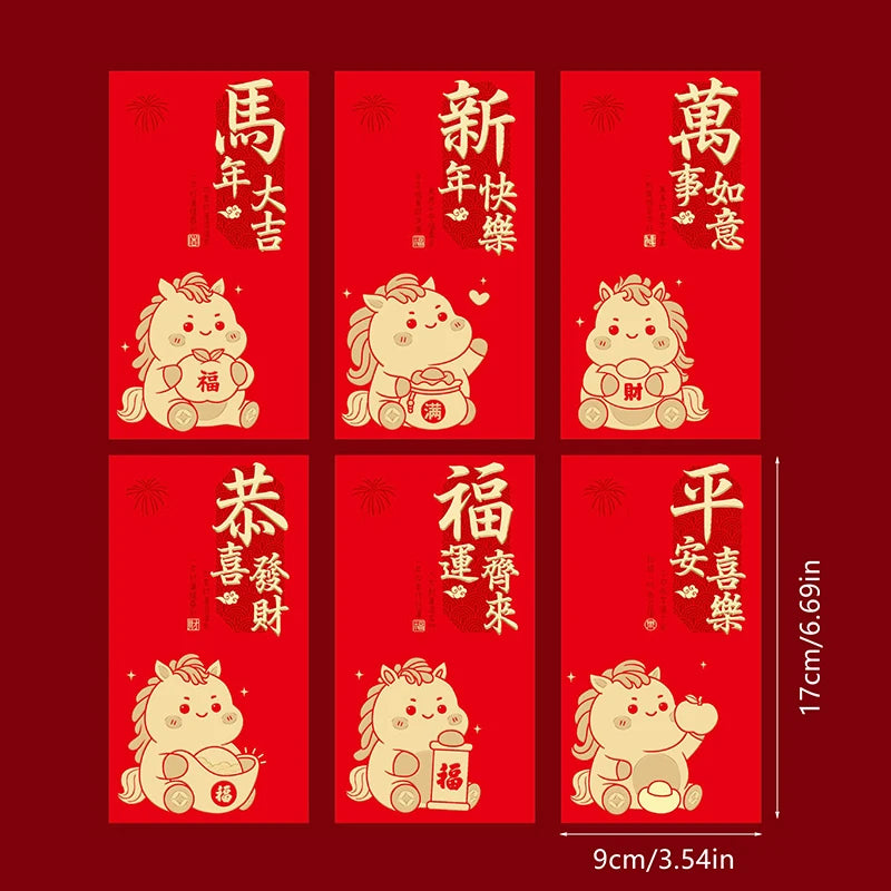 6pcs/set Chinese New Year Money Envelope Lucky Red Pockets Spring Festival 2026 Horse Year Red Envelope Zpaxo