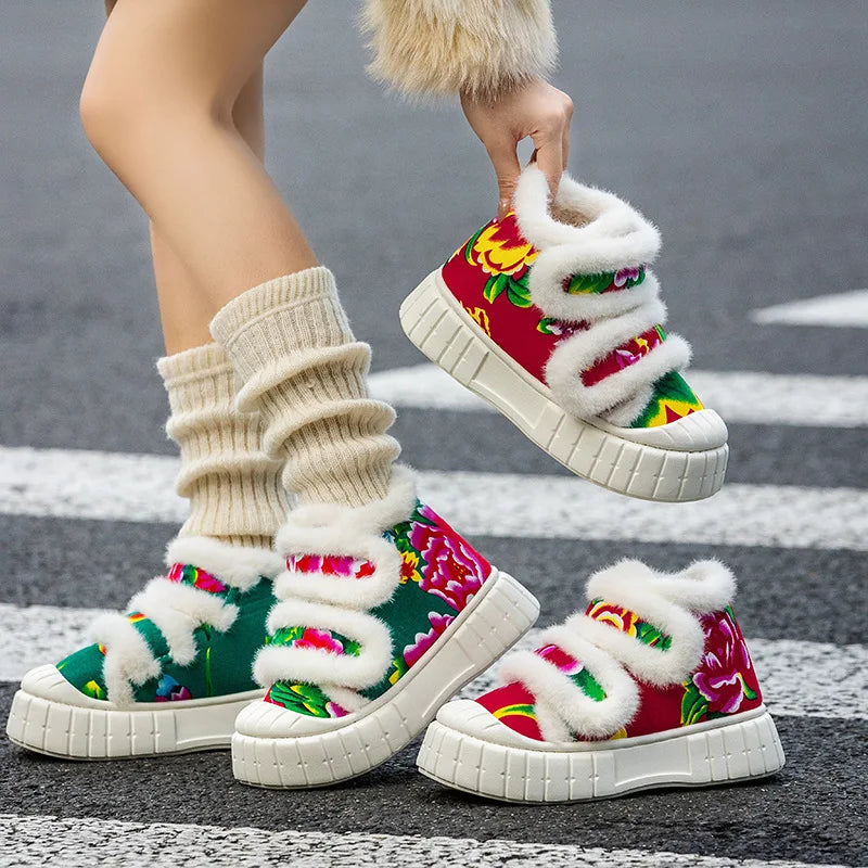 SHAJI Women Floral Print Closed Back Cotton Slippers Winter Warm