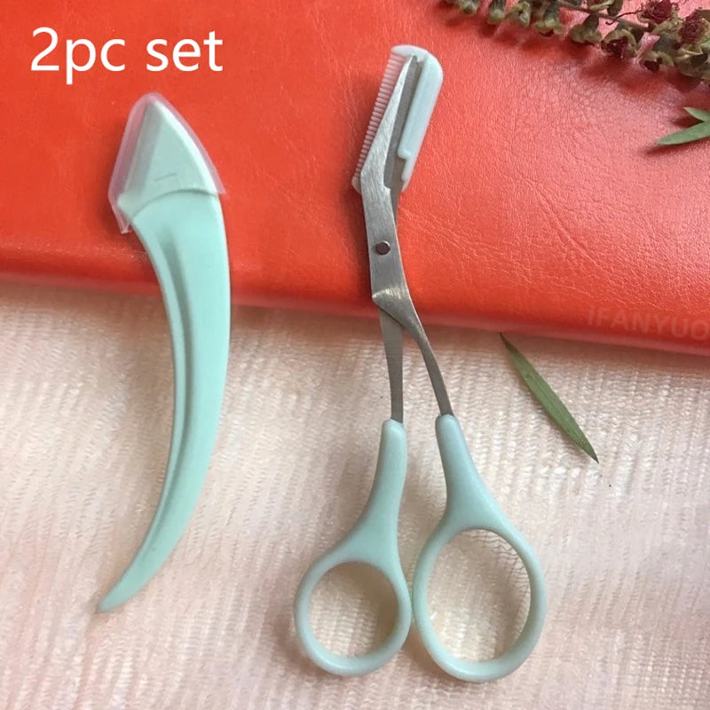 Eyebrow Razor Eyebrow Trimmer Scissor Beauty Products for Women Eyebrow Scissors with Comb Stainless Steel Beauty Makeup Tools Zpaxo Green set