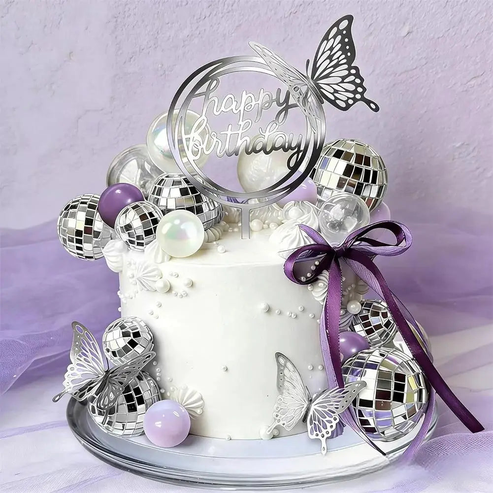 Disco Dance Music Birthd Disco Ball Cake Topper Purple and Transparent Pearl Balls Decorations with Silver Butterfly for 70s 80s Zpaxo