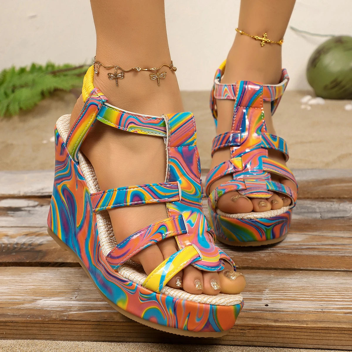 Women Sandals Round Toe Open Toe Shoes Summer Wedge Platform High Heels Sandals Platform Anti-Slip Wear-Resistant Shoes Women Zpaxo watermelon red 42