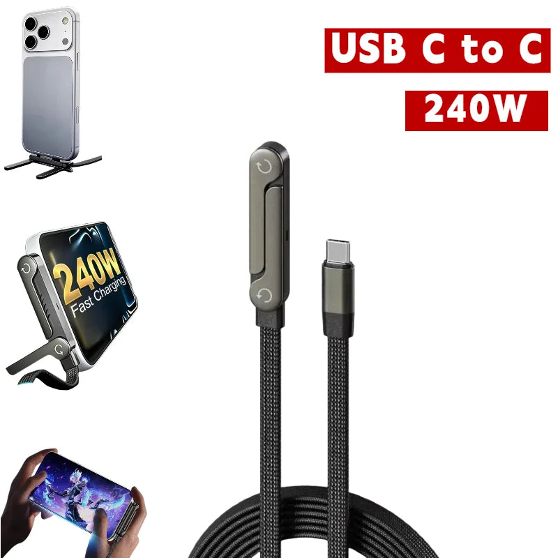 Foldable Charging Cable With Integrated Stand Fast Charging Cable Phone Tablet 240W Ultra-Fast Data Cable Phone Holder Zpaxo Black 2m