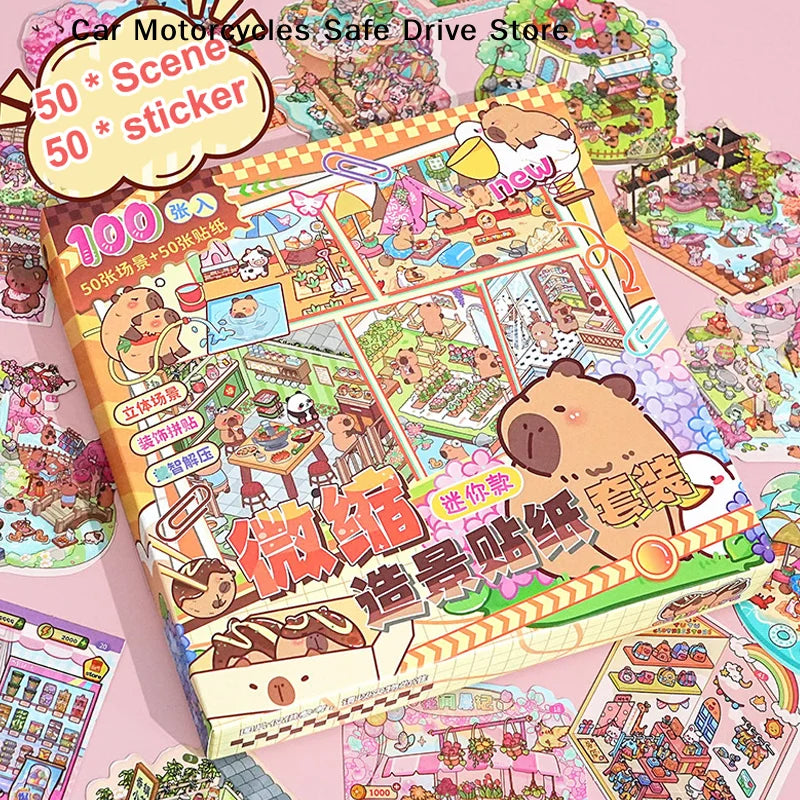 CM50Scenes Box Cartoon Capybara Miniature Scene Landscape Stickers