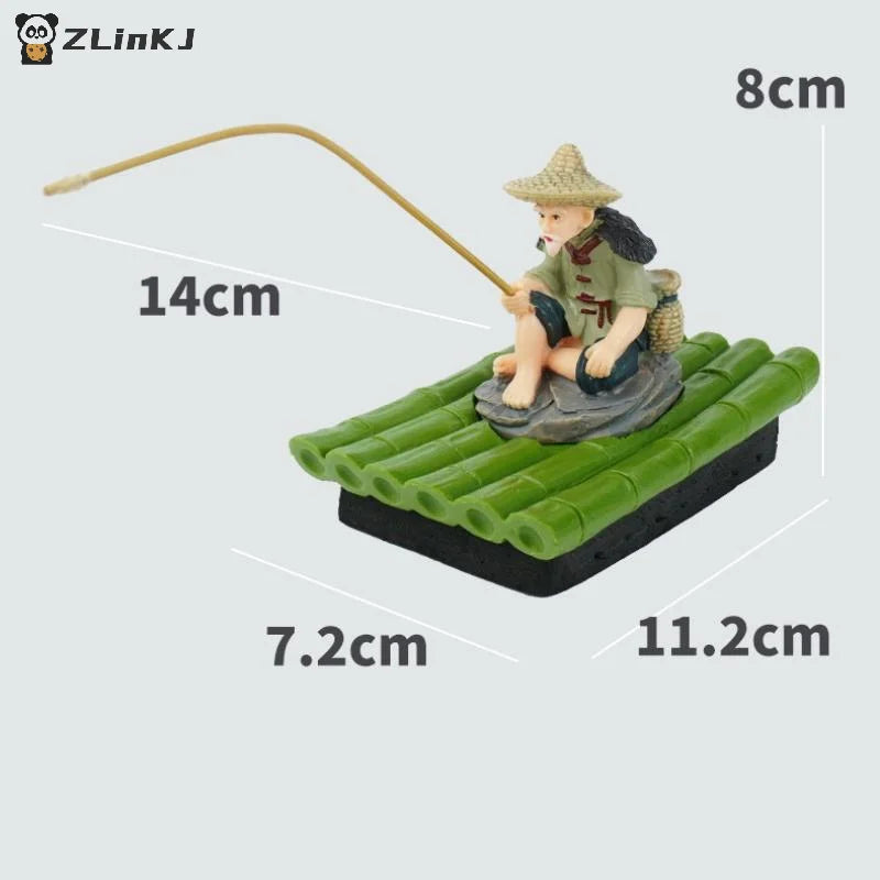 ▶1Pcs PVC Garden Statue Bamboo Raft Elderly Fisherman Figurine For Yard Floating Aquarium Decor Outdoor Decoration Zpaxo