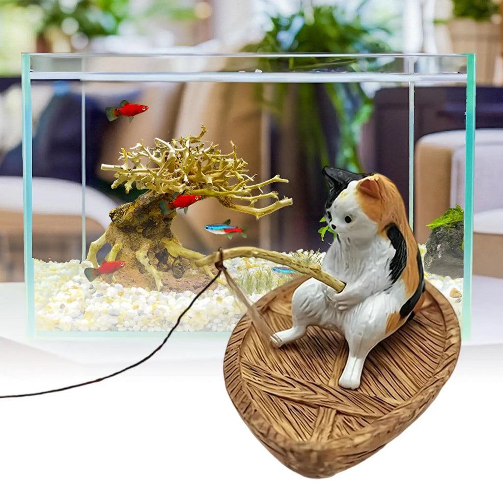 Cute Kitten Fishing Aquarium Ornament Floating Hanging Cat Fish Tank