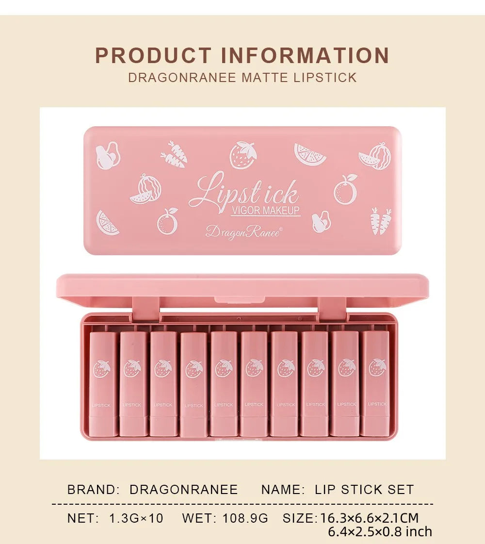 Ten-Piece Lipstick Set, Matte, Long-Lasting, Fade-Resistant Lip Balm, Matte Finish, Brightening, Commuter-Friendly, Nude Color, Gentle and Elegant Lipstick Zpaxo