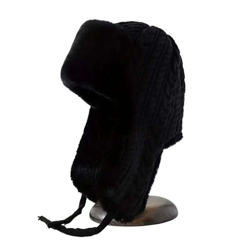 Cute Thickened Plush Hats Women Warm Winter Knitted Cap Ear Guards Zpaxo Black