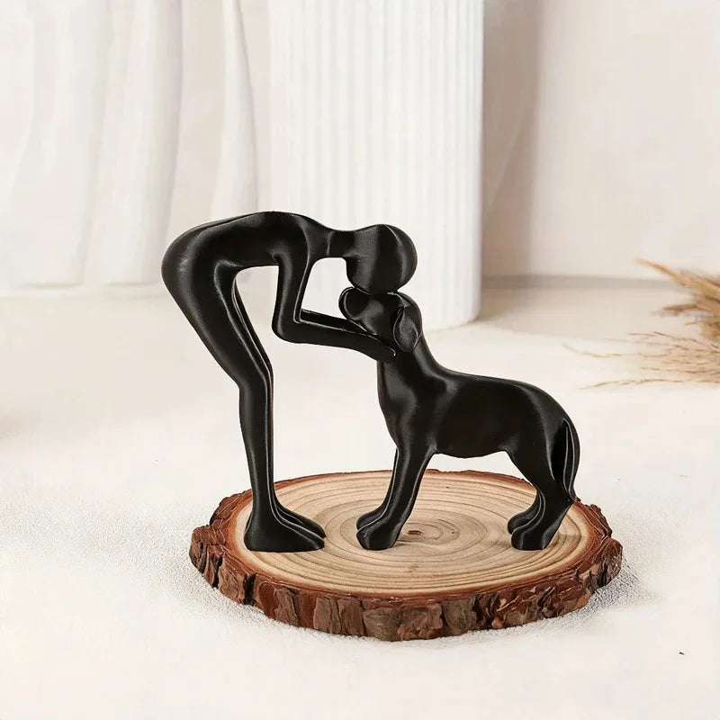 Abstract Art Sculpture Figurine Black Dog Owner Statue Interactive