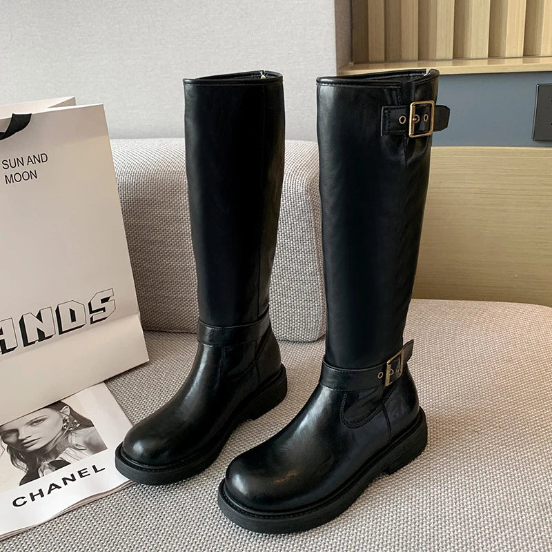 Womens Black Leather Square Toe Knee Boots Buckle Straps Chunky Zpaxo