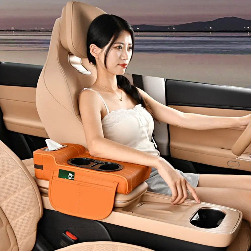 PU Leather Car Center Armrest Box 2 Cup Holder Tissue Vehicle Cushion Zpaxo
