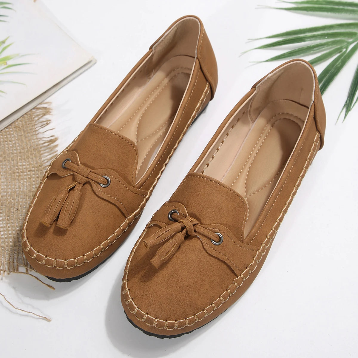 Women's Flats Fashion Breathable Casual Shoes Slip Ballet Suede Zpaxo Brown 42