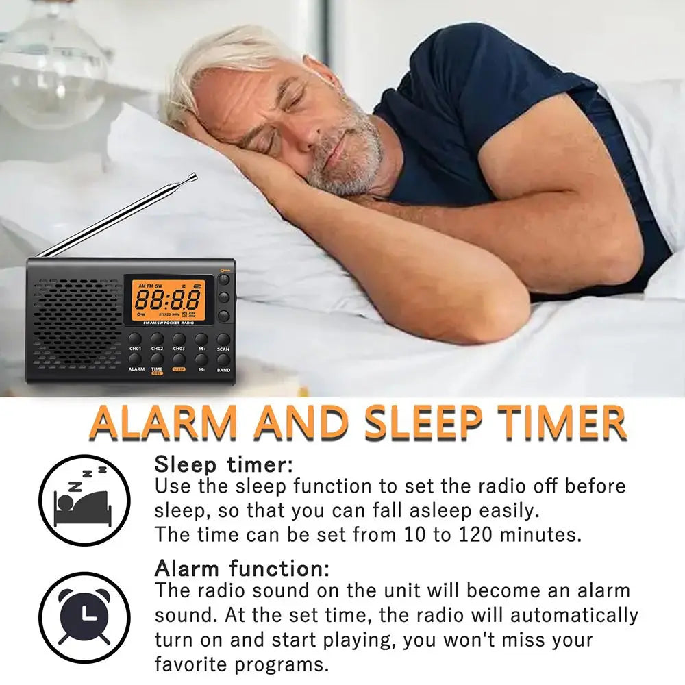 AM/FM/SW Shortwave Radio Handheld Battery Operated Stereo Radio Receiver Alarm Clock Retractable Antenna 3-Band Radio Walking Zpaxo