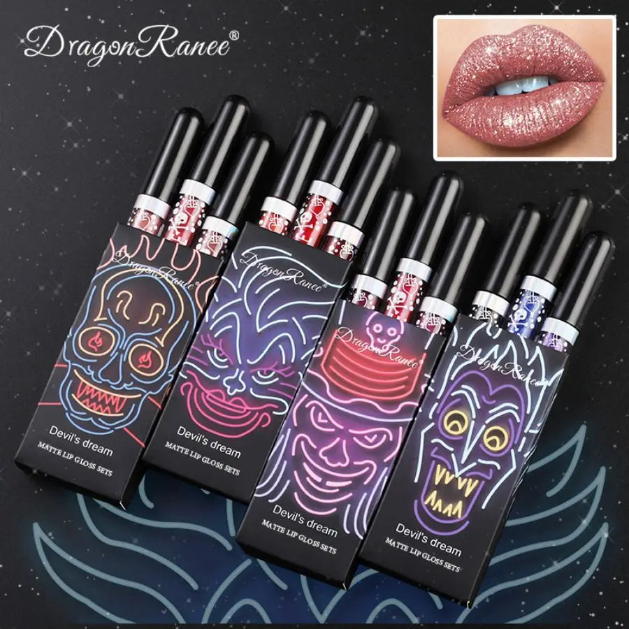 Lip Gloss in a Box of Three, Pearlescent Lipstick in a Non-Stick Cup, Shiny Purple and Black Lip Gloss Set Zpaxo