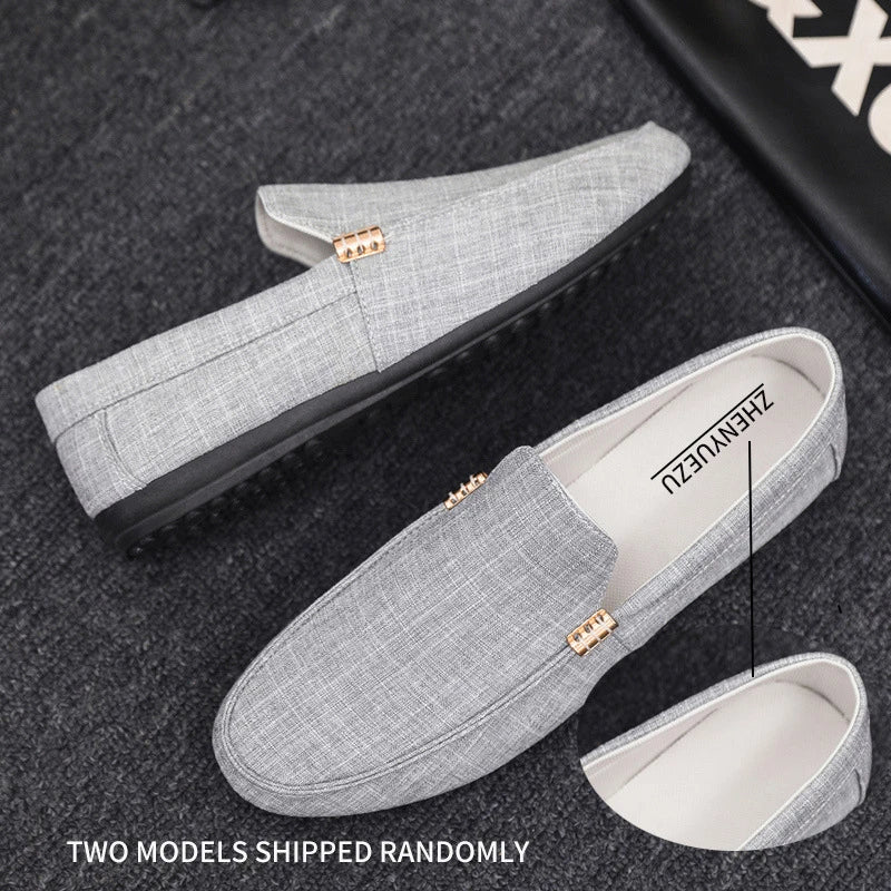 Men's Beige Linen Loafers Gold Buckle Detail Slip Design Breathable Zpaxo