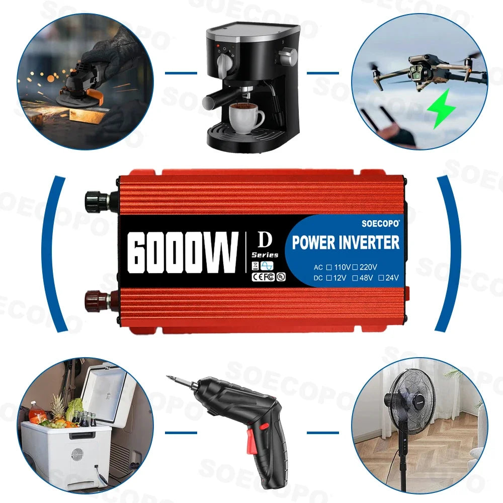 6000W Portable Smart Inverter 12V 24V 48V 110V 220V AC USB Port