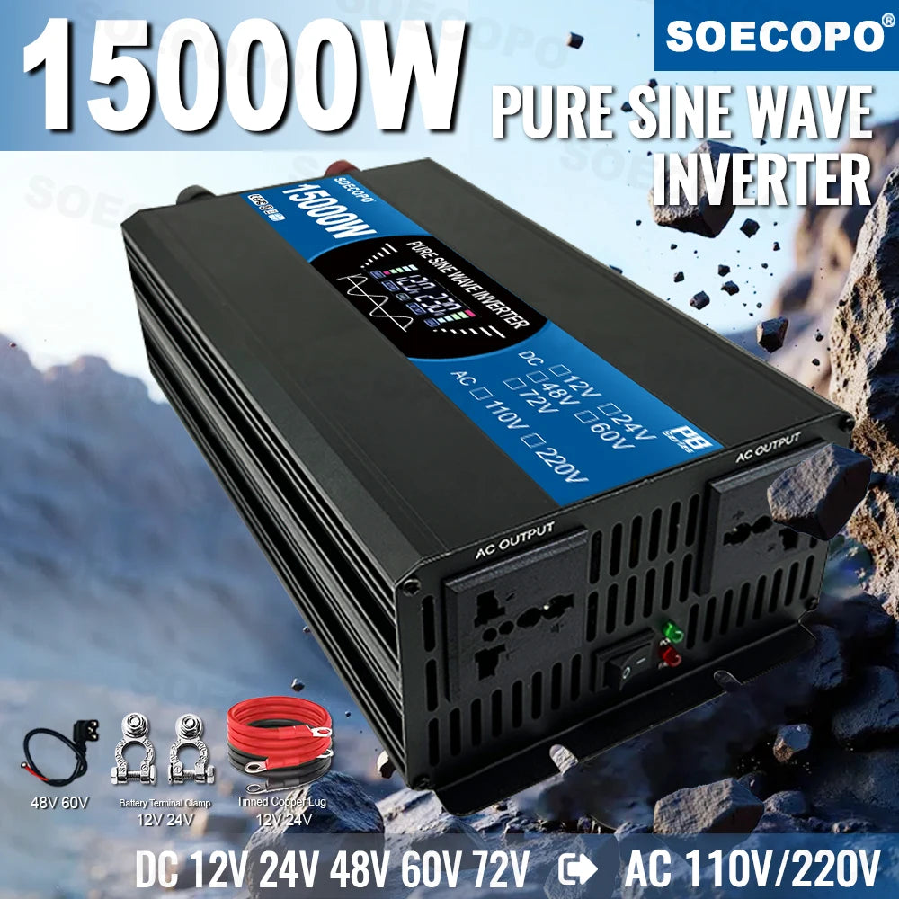 Pure Sine Wave Inverter 15000W 2 sockets 12V 220V Solar Current Inverter DC 12/24/48/60/72V To AC 110V/220V Home Outdoor Camping Zpaxo
