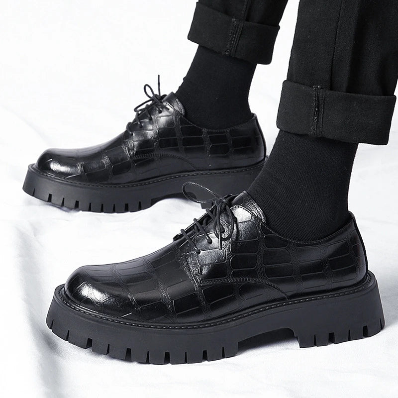 Mens Black Crocodile Embossed Leather Lace Up Dress Shoes Thick Lug Zpaxo