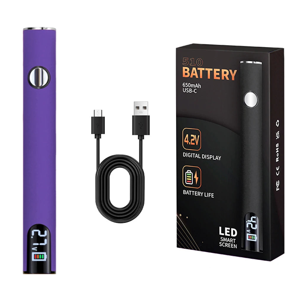 510 Thread Battery Cart Pen Adjustable Voltage 650mAh Battery with USB Charger Cable Solder Repair Tools (No Soldering Iron Tip) Zpaxo Purple