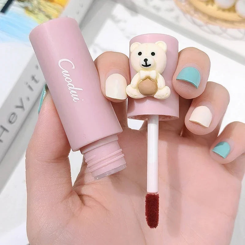 Girl's Velvet Matte Lipstick Blush Waterproof Long Lasting Cute Bear Lipgloss Non-Stick Cup Makeup Lip Tint Mud Cosmetic Makeup Zpaxo