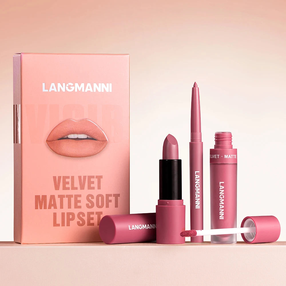 3-Piece Lip Gloss Liner Lipstick Waterproof Durable Matte Makeup Zpaxo