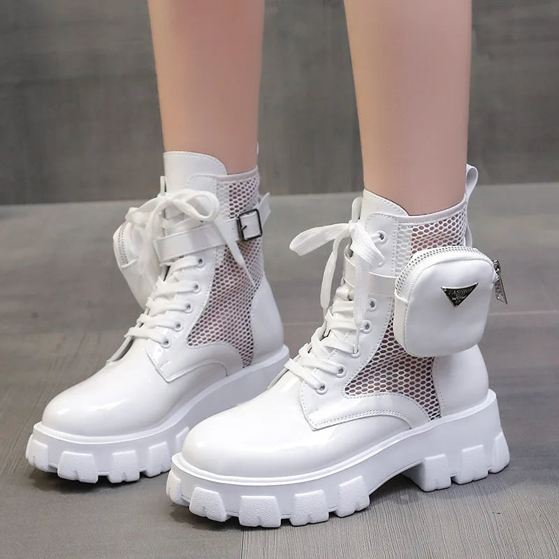 2024 Women Thick-soled Leather Boots Casual Fashion Lace-up Nylon Zpaxo