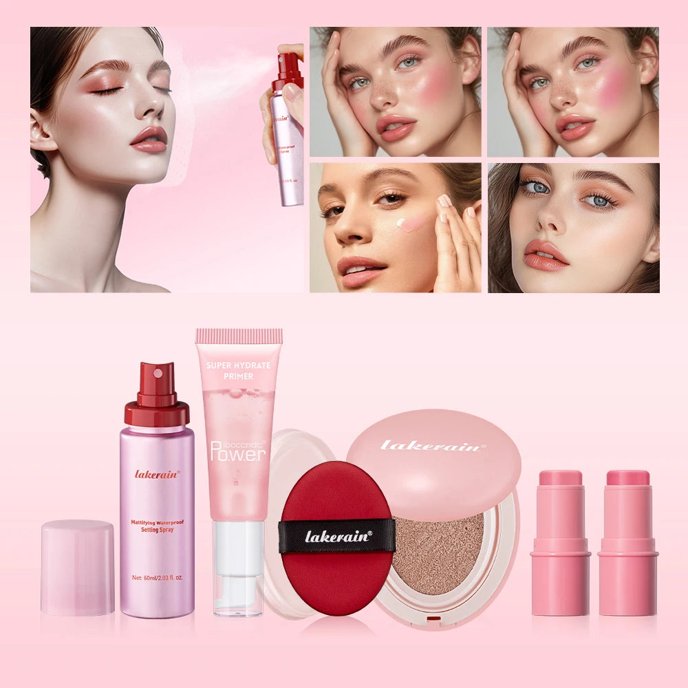 Pink Makeup Set Primer Setting Spray Include Air Cushion Foundation Base MakeupLipstick 5pcs/set Blush Hold Cosmetics Kit Zpaxo