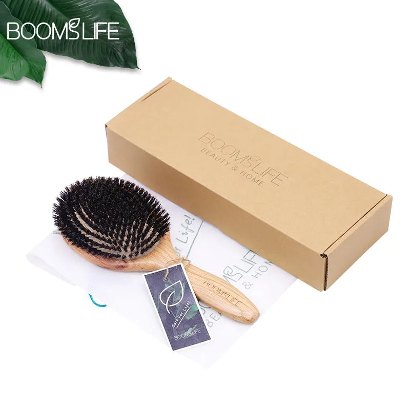 Boar Bristle HairBrush Wood Hair Brush Peine OAK Wood Combs for Women Barber Beauty Care Paddle Scalp Massage Brush Zpaxo