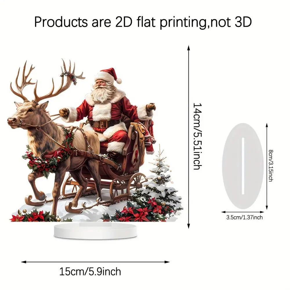 Santa Sleigh Decor 2D Acrylic Desktop Ornament with Santa Claus and Reindeers for Christmas Table Home Office Holiday Decoration