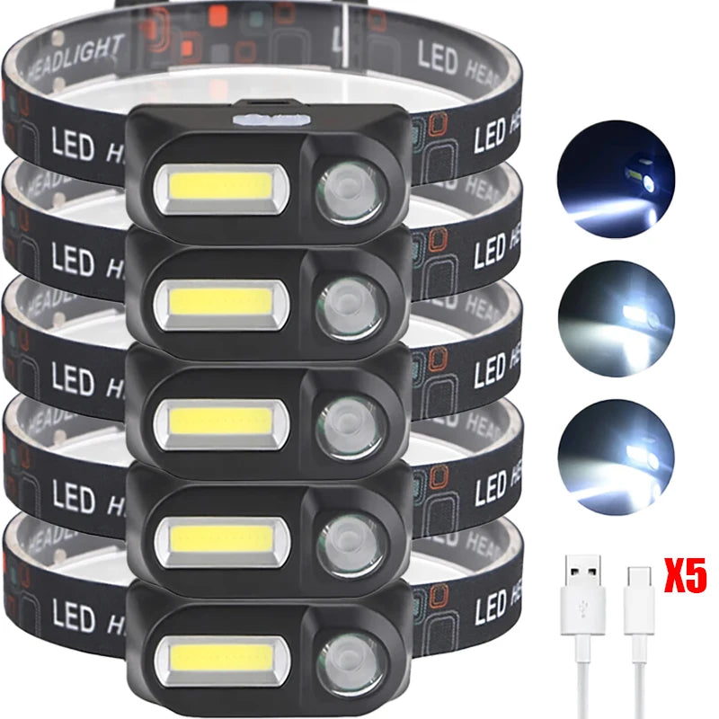 XPE+COB LED Headlamp USB Rechargeable 18650 – 6 Modes