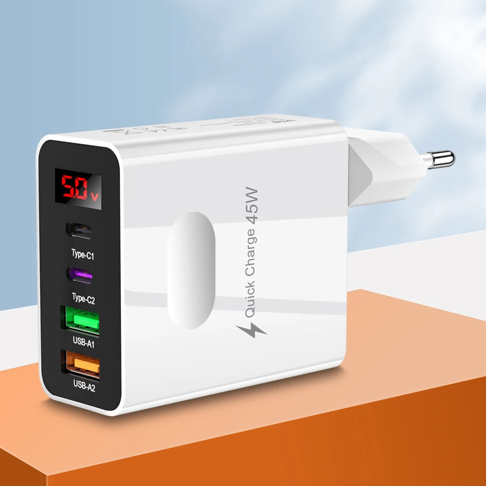 45W 4-Port USB-C Fast Wall Charger | QC 3.0 & PD Display USB Wall Charger Zpaxo EU White