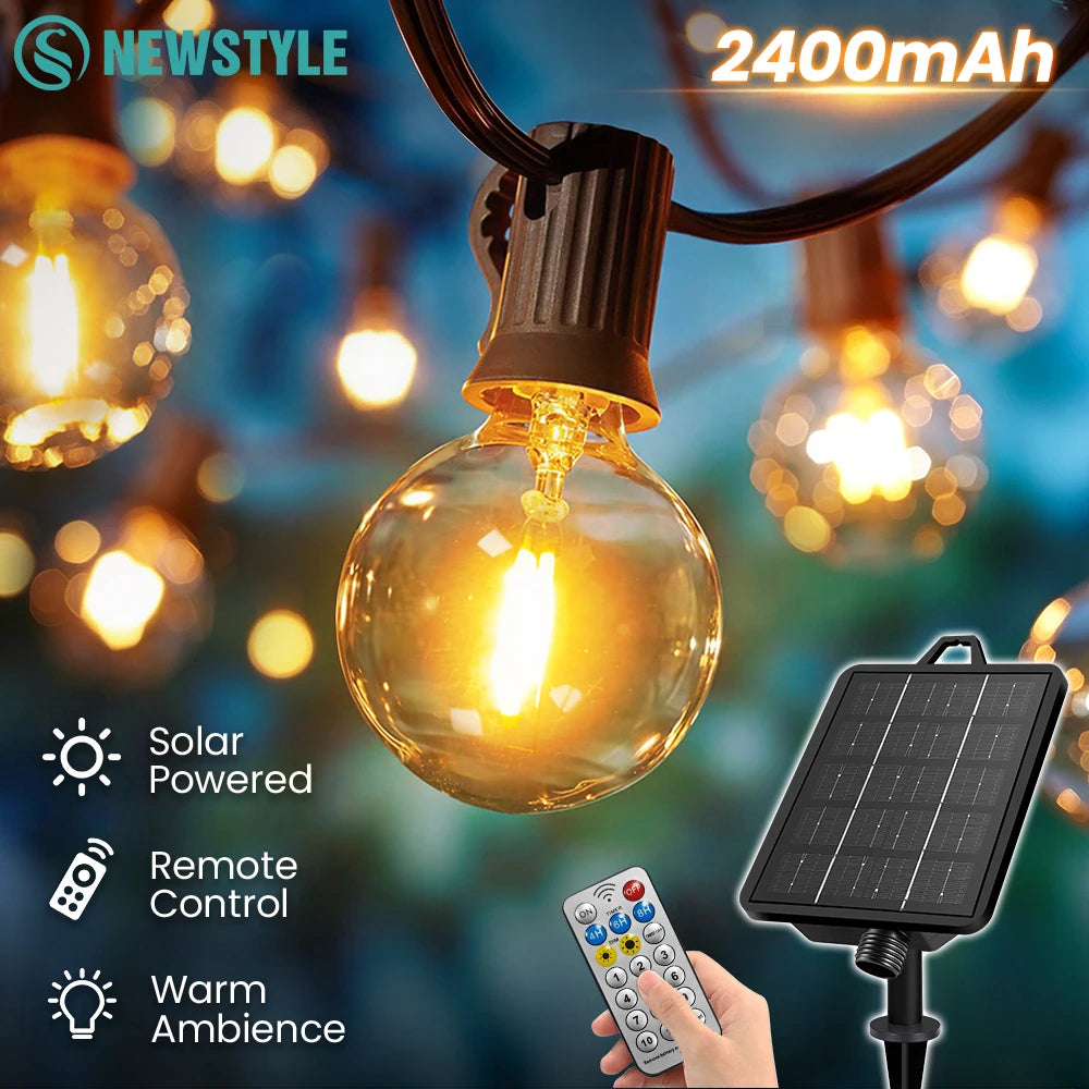 G40 Solar String Lights Outdoor IP65 Waterproof Patio Lights with Remote&Timer 2400mAh USB/Solar Powered Dimmable Outdoor Lights Zpaxo