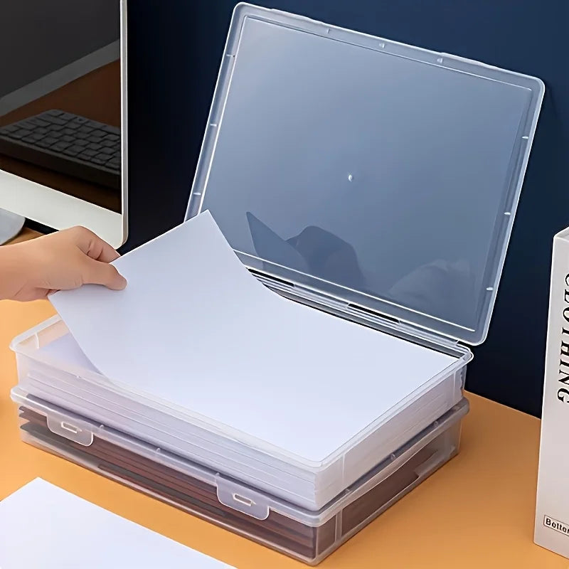 A4 Clear Plastic Storage Box Hinged Lid Desktop Organizer Office