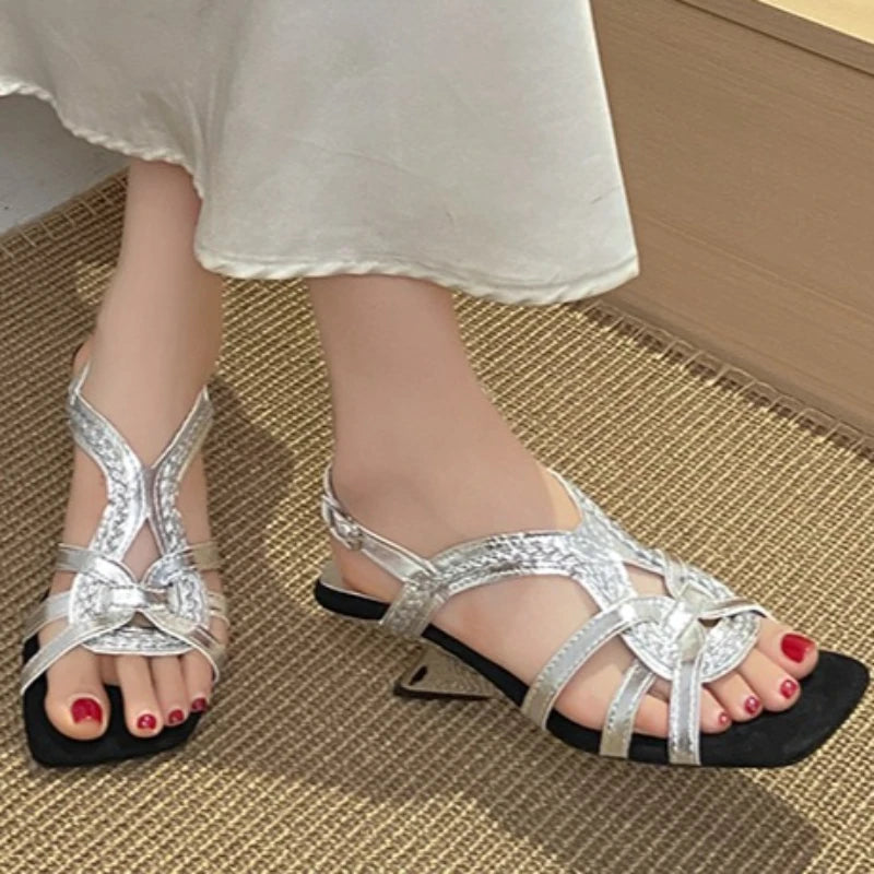 Weaving Women's Square Open Toe Vintage Mid Heel Sandals Women Summer Zpaxo