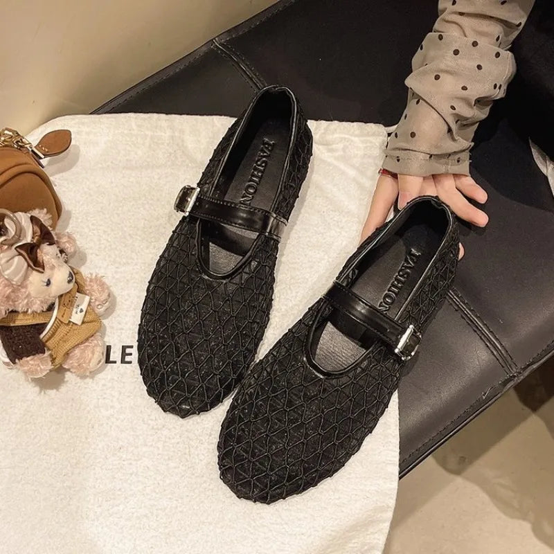Womens Mesh Mary Jane Flat Sandals Summer Breathable Hollow Out Fishnet Ballet Shoes Buckle Strap Lightweight Black Beige Shoes Zpaxo 42 black
