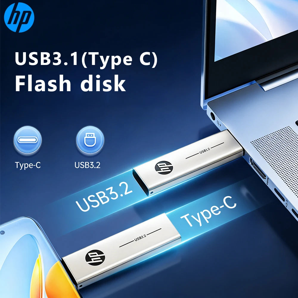 HP 2 in 1 OTG USB 3.2 Flash Drive Retractable Type-C Dual Metal Pendrive 64GB 128GB 256GB for Laptop PC Smartphone Zpaxo