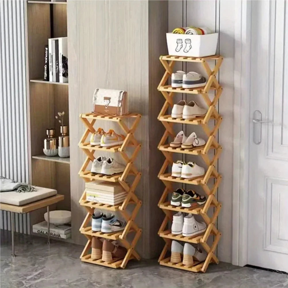 Bamboo Shoe Rack, Foldable Space Saving Shelves for Home and Bedroom - Interior Entry Storage Free Footed Shoe Narrow Shelf Zpaxo