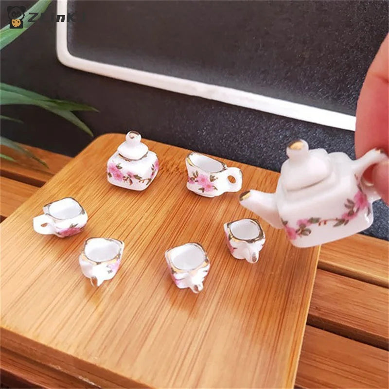 ▶1Set 1:12 Dollhouse Miniature Ceramics Teapot Tea Set Mini Ceramic Kungfu Tea Set Kettle Cup Tableware Model Kitchen Decor Toys Zpaxo