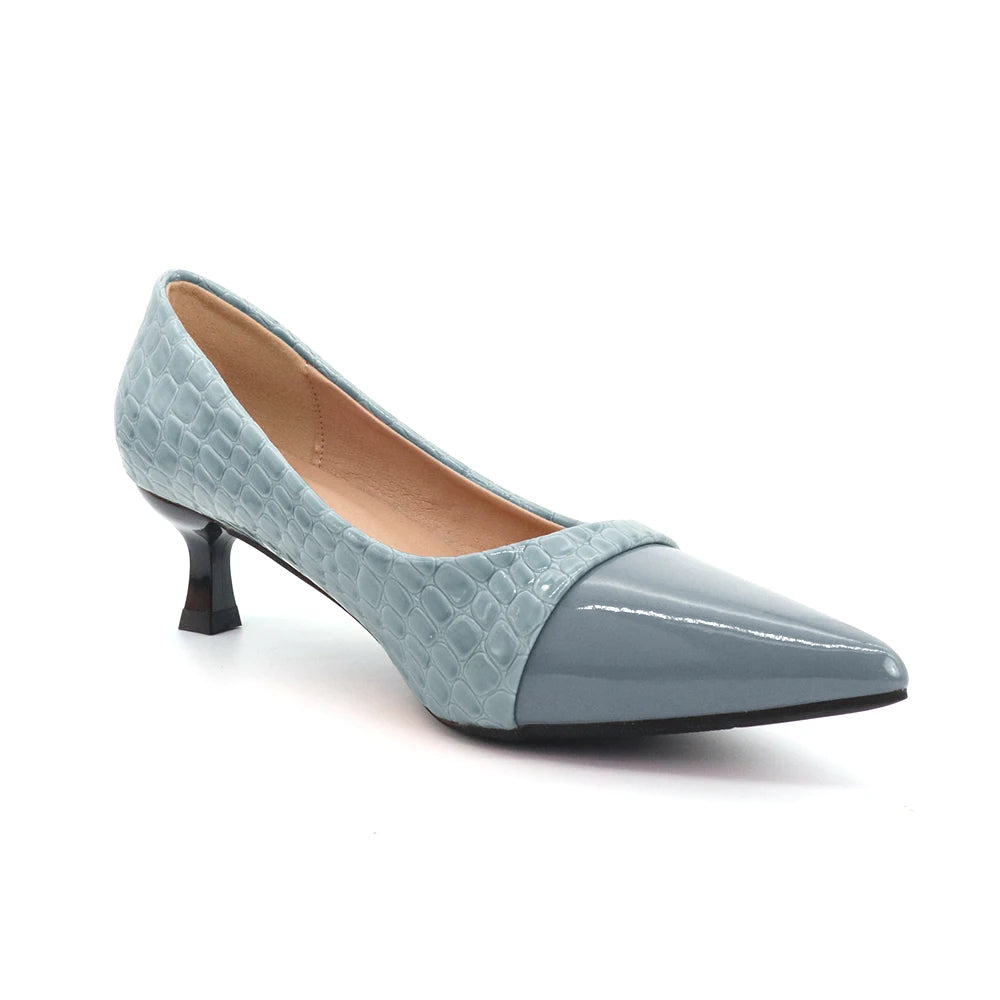Sky Blue Pointed Toe Block Heel Pumps | Faux Leather Slip-On