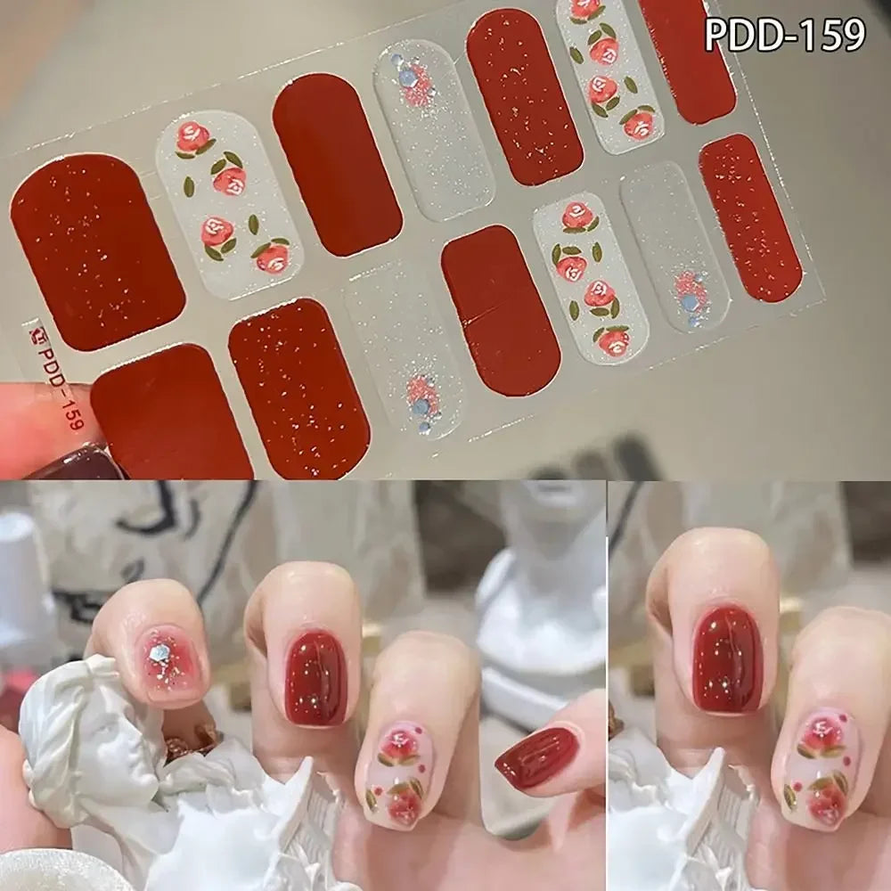 14Strips Gel Nail Stickers Full Cover Floristic Nail Art Stickers Semi Cured Gel Nail Polish Strips DIY Nail Art Making Zpaxo 159
