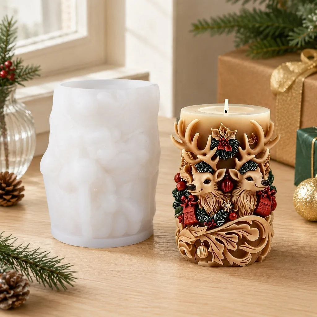3D Double Deer Silicone Candle Mold – Christmas Cylindrical