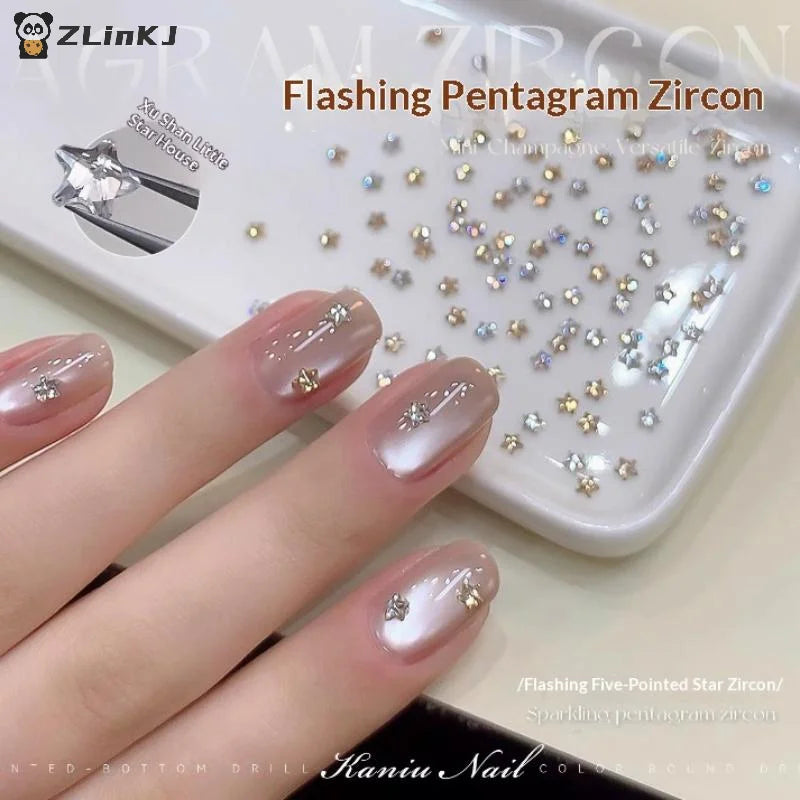 ▶50Pcs Star Zircon Nail Rhinestone Nail Art Charm Sparkle 3D Nail Rivet Flat Bottom Nail Decoration Parts DIY Manicure Zpaxo